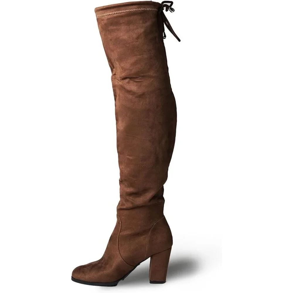 Women Khaki Vegan Suede Polyurethane Over-the-Knee Chunky Heel Rounded Toe Boot